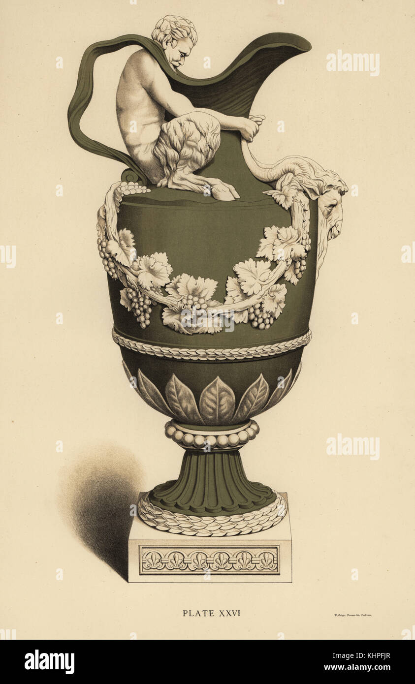 John flaxman Wein Vase mit Trauben Blattwerk dekoriert und ein Satyr greifen ist ein RAM-Kopf. Chromolithograph W. Griggs von Friedrichs Rathbone alte Wedgwood, die dekorativen oder künstlerischen keramische Arbeiten von Josiah Wedgwood, Quaritch, London, 1898. Stockfoto