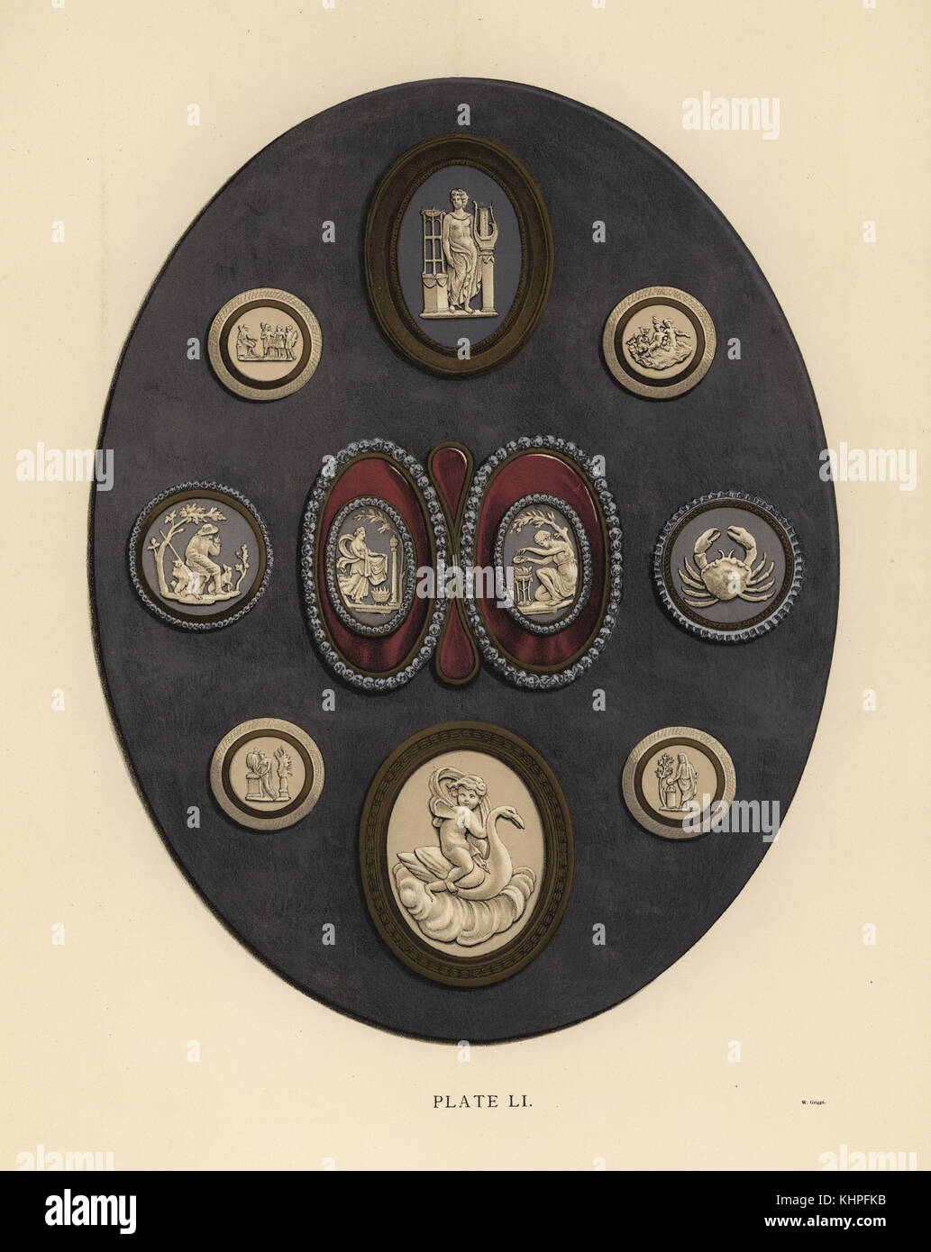 Medaillons, montiert in Gold und Stahl. Themen sind Nymphen opfern zu Frieden, Apollo mit Lyra, Amor auf einer Swan, krebs Sternzeichen, Bourbonnais Hirte, etc. Chromolithograph von W. Griggs von Friedrichs Rathbone alte Wedgwood, die dekorativen oder künstlerischen keramische Arbeiten von Josiah Wedgwood, Quaritch, London, 1898. Stockfoto