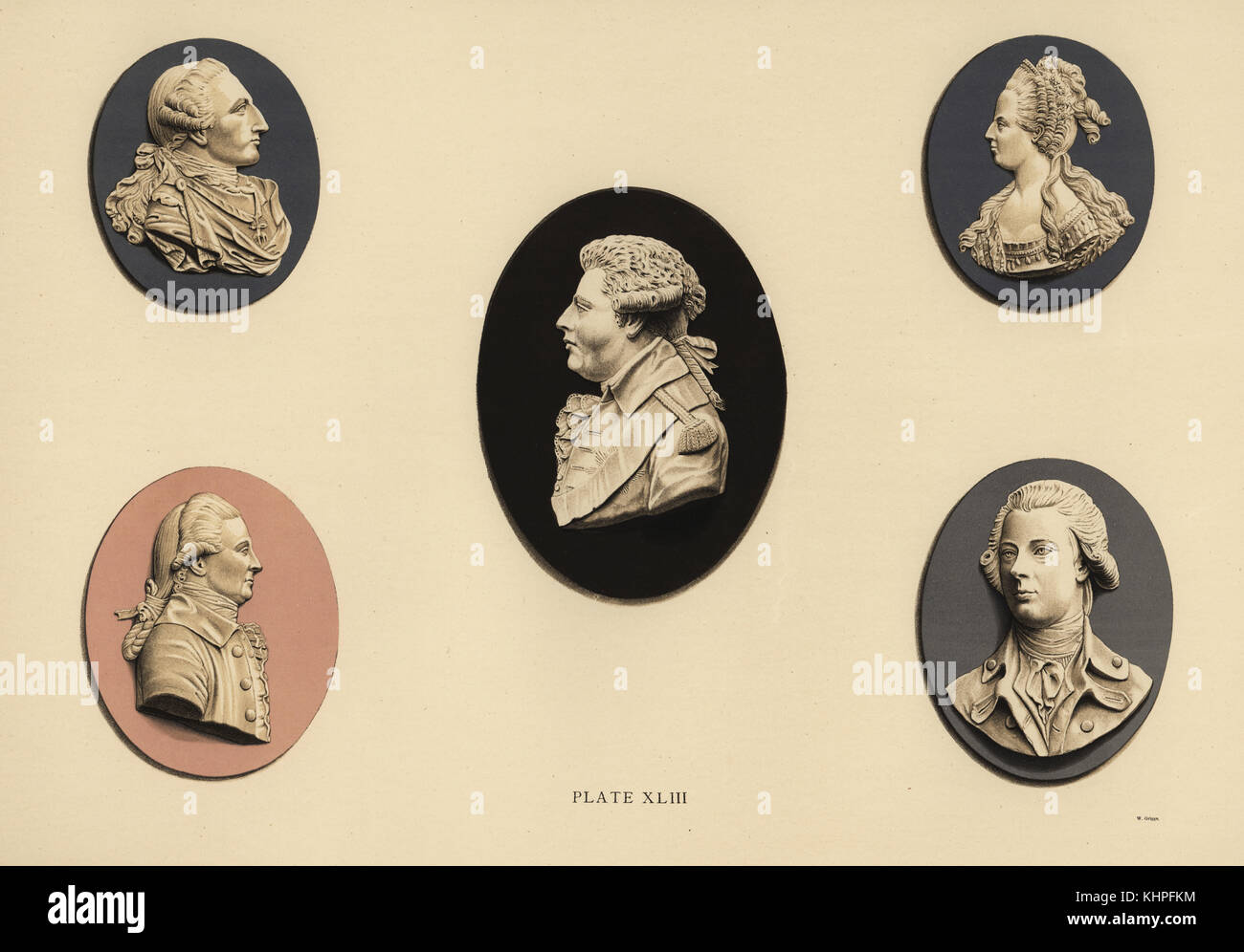 Portrait Medaillons von König Ludwig XVI. von Frankreich (blau), Marie Antoinette (blau), Herzog von Bridgewater (Schwarz), Edmund Burke (rosa) und William Pitt (blau). Chromolithograph von W. Griggs von Friedrichs Rathbone alte Wedgwood, die dekorativen oder künstlerischen keramische Arbeiten von Josiah Wedgwood, Quaritch, London, 1898. Stockfoto