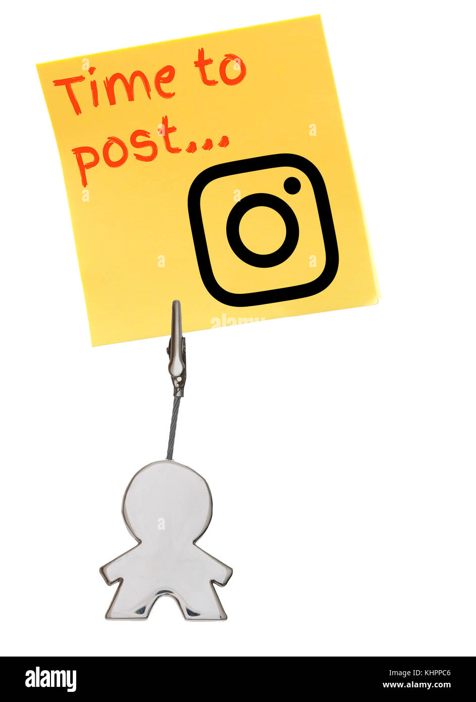 Orange Aufkleber, Papier beachten Sie isoliert auf Weiss, Zeit zu Social Media zu veröffentlichen Stockfoto