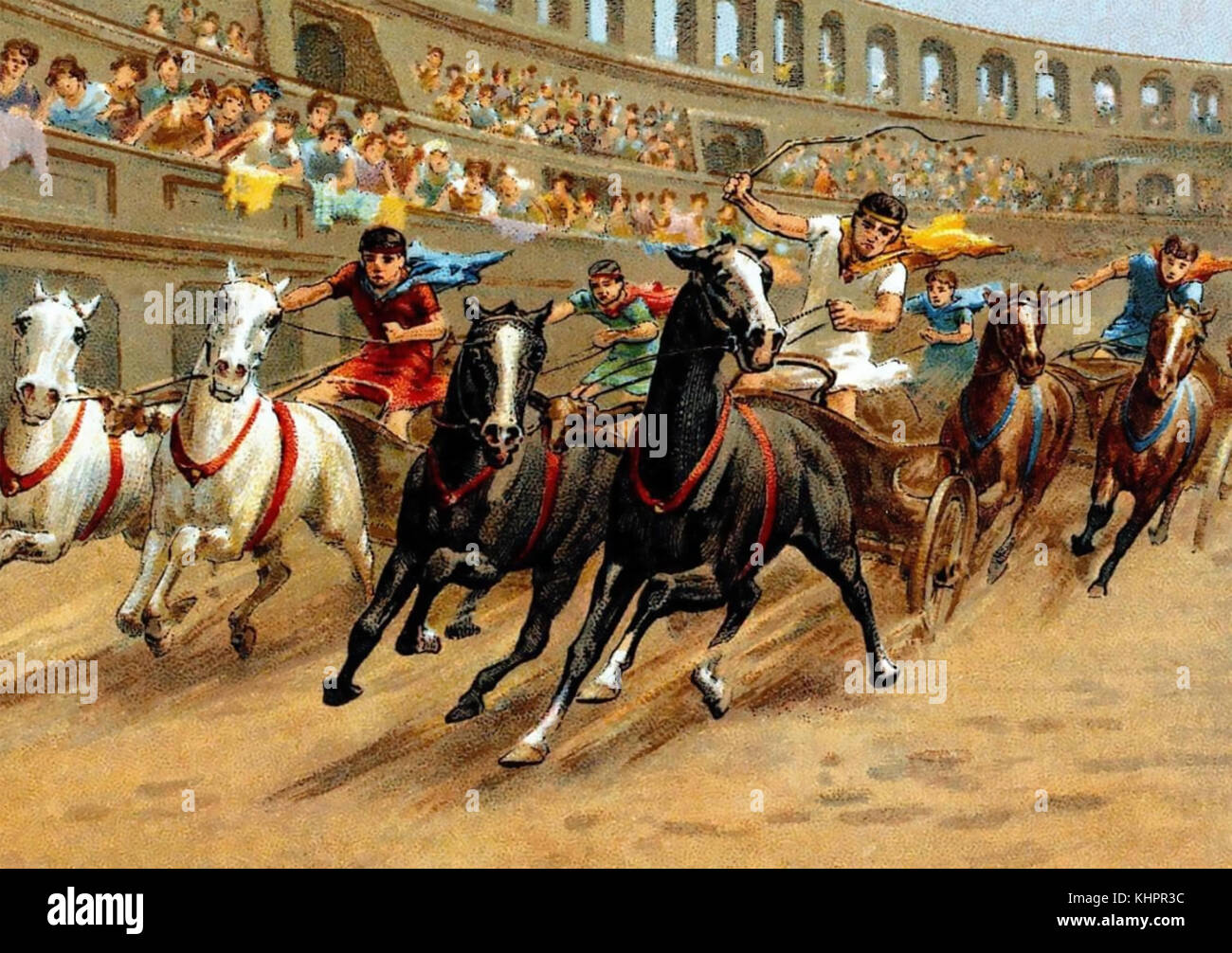 WAGENRENNEN im alten Rom auf einer Zigarettenkarte um das Jahr 1910 Stockfoto