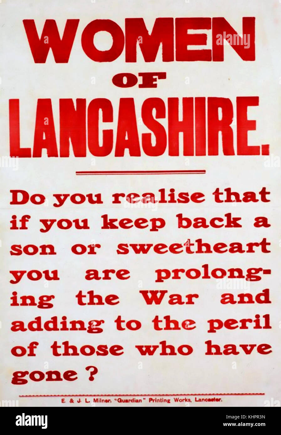 Woman OF LANCASHIRE British First World war Recruiting Poster etwa ab dem Jahr 1915 Stockfoto