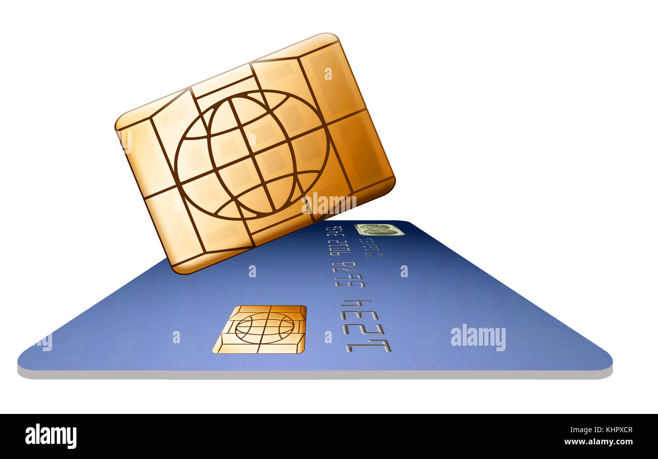 Ein EMV-Sicherheits-Chip ist in einer 3-d-Abbildung über Kreditkarten und Debitkarten aus der Nähe zu sehen. Stockfoto