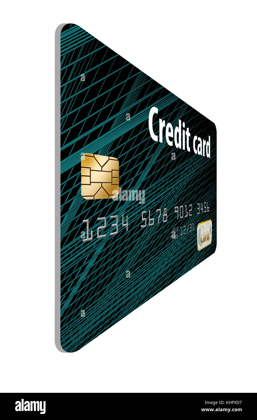 Ein EMV-Sicherheits-Chip ist in einer 3-d-Abbildung über Kreditkarten und Debitkarten aus der Nähe zu sehen. Stockfoto