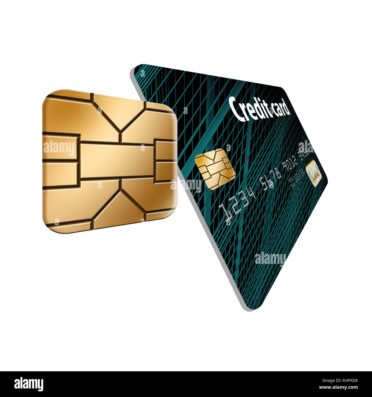 Ein EMV-Sicherheits-Chip ist in einer 3-d-Abbildung über Kreditkarten und Debitkarten aus der Nähe zu sehen. Stockfoto