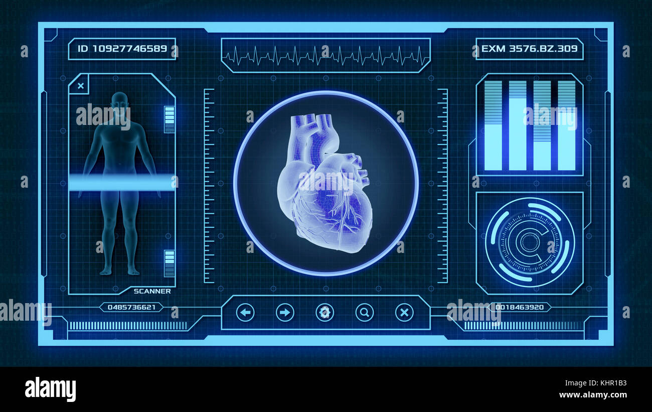 Futuristische App Schnittstelle für medizinische und wissenschaftliche Zwecke - menschliche Herz Scanner (3D-Render) Stockfoto