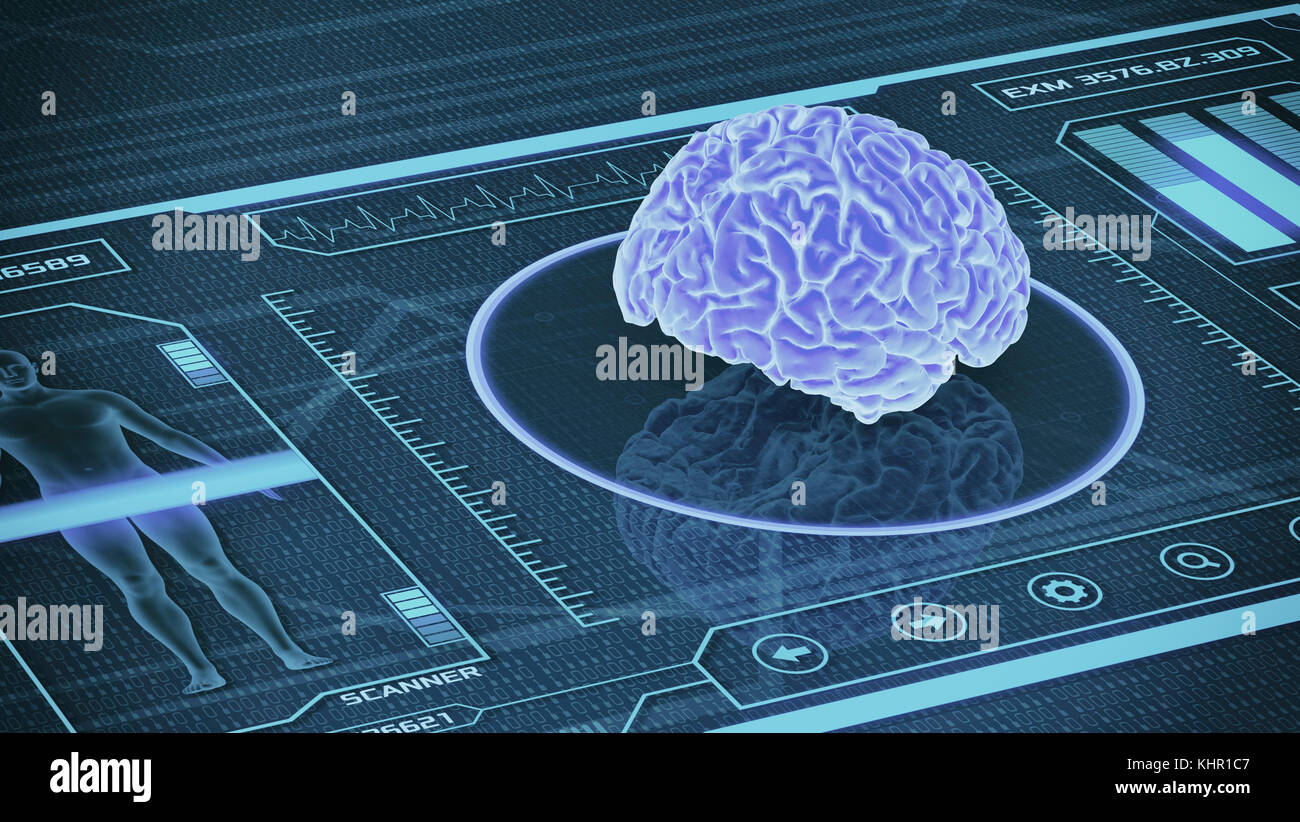 Futuristische App Schnittstelle für medizinische und wissenschaftliche Zwecke - menschliche Gehirn Scanner (3D-Render) Stockfoto