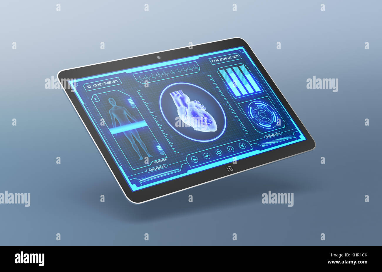 Tablet-PC mit einem futuristischen App Schnittstelle für medizinische und wissenschaftliche Zwecke, menschliche Herz Scanner (3D-Render) Stockfoto