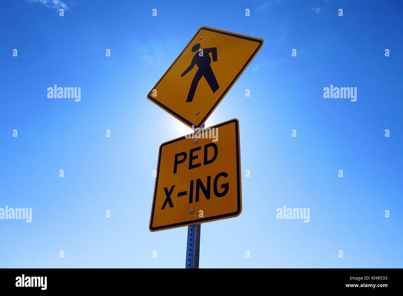 Ein grosses gelbes Fussgängerzone crossing Sign leuchtet durch Sonnenlicht. Stockfoto