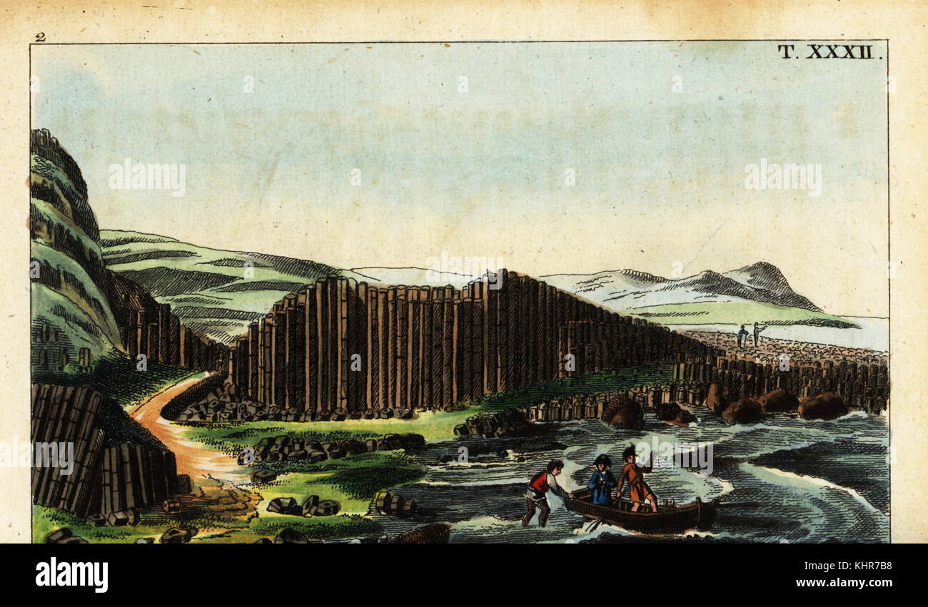 Blick auf die basaltsäulen der Giant's Causeway, Antrim, Nordirland. Papierkörbe Kupferstich von Gottlieb Tobias Wilhelm Unterhaltungen aus der Naturgeschichte: des Mineralreichs, Augsburg, 1828. Stockfoto