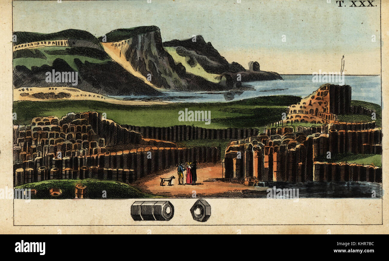 Blick auf die basaltsäulen der Giant's Causeway, Antrim, Nordirland. Papierkörbe Kupferstich von Gottlieb Tobias Wilhelm Unterhaltungen aus der Naturgeschichte: des Mineralreichs, Augsburg, 1828. Stockfoto
