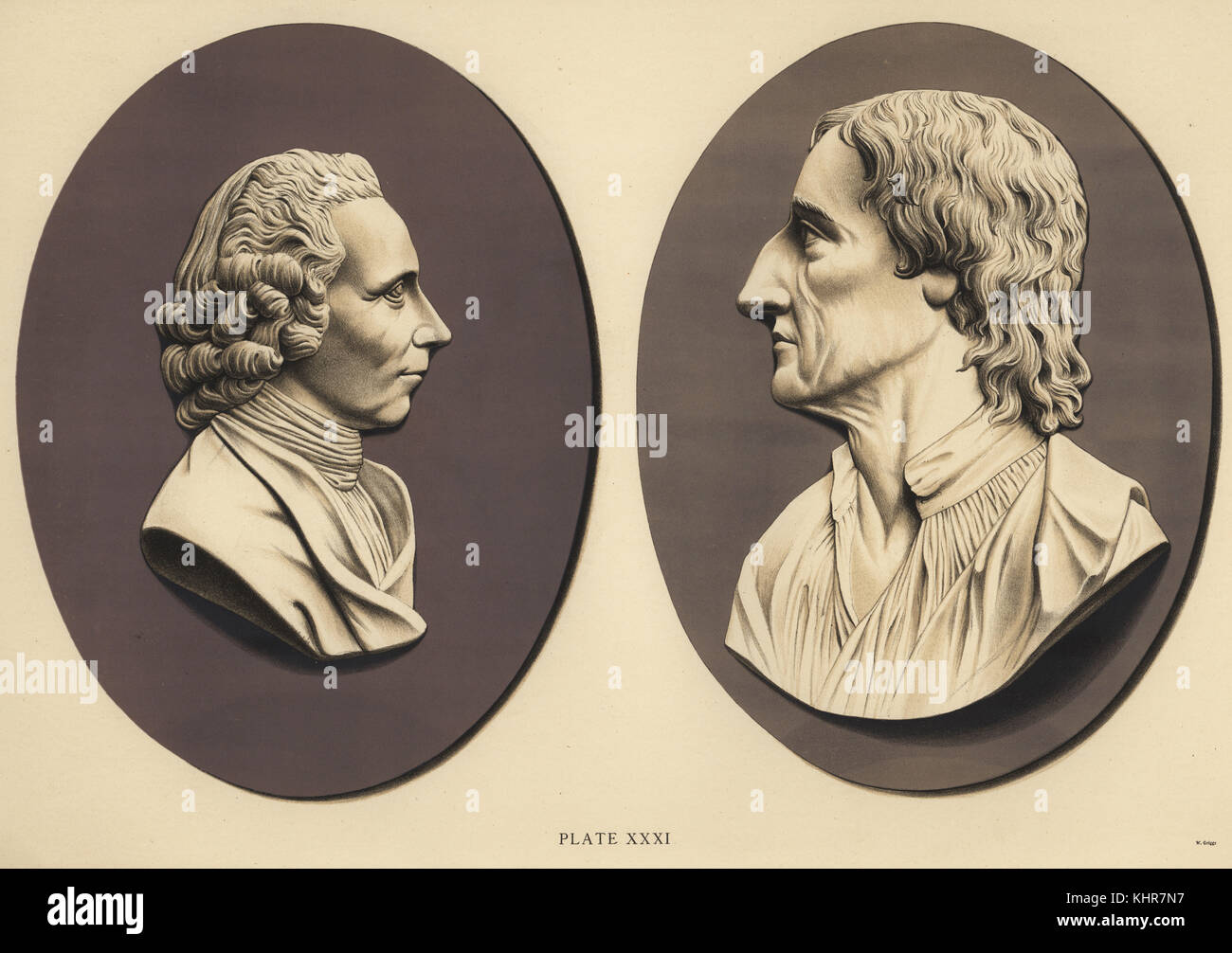 Portrait Medaillons von Joseph Priestley (L) und Robert William Boyle (R). Chromolithograph von W. Griggs von Friedrichs Rathbone alte Wedgwood, die dekorativen oder künstlerischen keramische Arbeiten von Josiah Wedgwood, Quaritch, London, 1898. Stockfoto