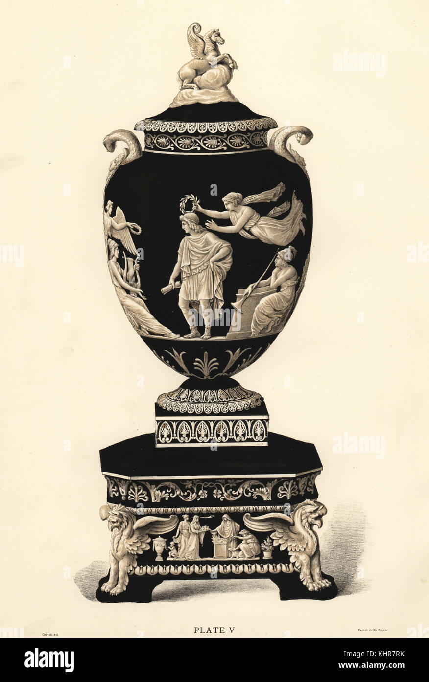 Großen homerischen Vase und Sockel. Chromolithograph gezeichnet von grivell und von Parrot et Co. von Frederick's Rathbone alte Wedgwood, die dekorativen oder künstlerischen keramische Arbeiten von Josiah Wedgwood, Quaritch, London, 1898 Lithographiert. Stockfoto