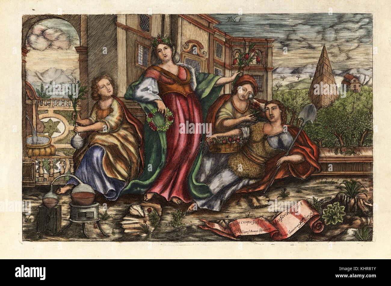 Flora, gekrönt mit einem Garten mit Blumen, Floral Tribute zu den drei Figuren - Botanik (gezeigt wird ein alembic), Physik (der Blick durch eine Lupe) und Pomona (wer hält einen Spaten und Korb mit Früchten). Papierkörbe Kupferstich nach Mario Cammerari von Professor Filippo Arena La Natura e cultura dei Fiori fisicamente esposta (die Natur und Kultur der Blumen physisch angezeigt), Palermo, Italien, 1771. Stockfoto