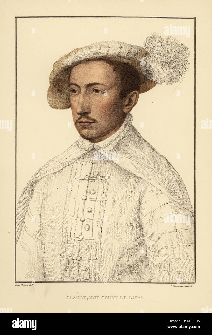 Typ XVII de Laval oder Claude XVII, Graf de Laval, französischen Adligen, 1522-1547. Papierkörbe Kupferstich von Francis Bartolozzi nach Hans Holbein aus Faksimiles von Originalzeichnungen von Hans Holbein, Hamilton, Adams, London, 1884. Stockfoto