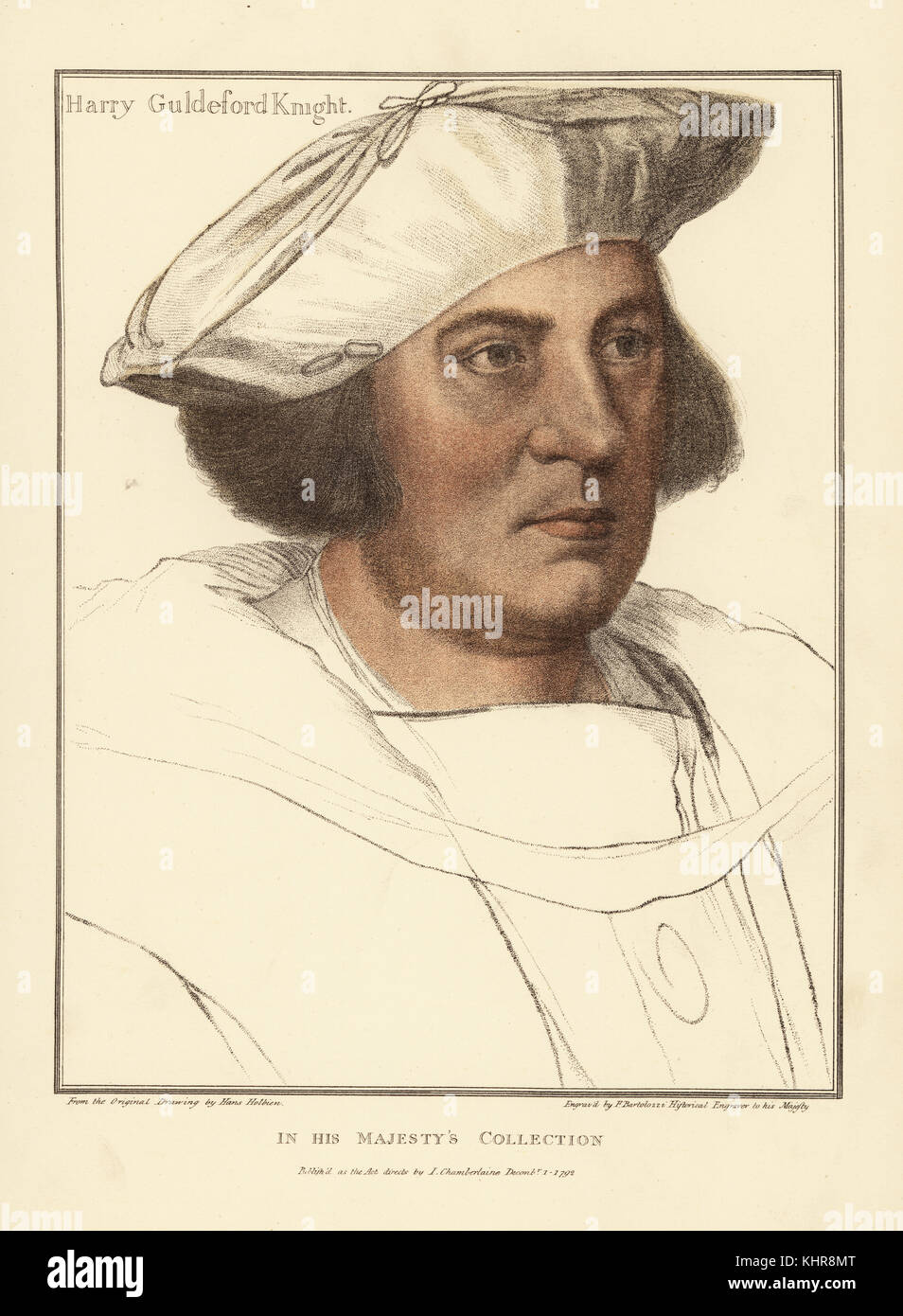 Sir Henry Guldeford oder Guildford (1489-1532), englischer Höfling der Herrschaft von Heinrich VIII., Meister des Pferdes und Comptroller des königlichen Haushalts. Papierkörbe Kupferstich von Francis Bartolozzi nach Hans Holbein aus Faksimiles von Originalzeichnungen von Hans Holbein, Hamilton, Adams, London, 1884. Stockfoto