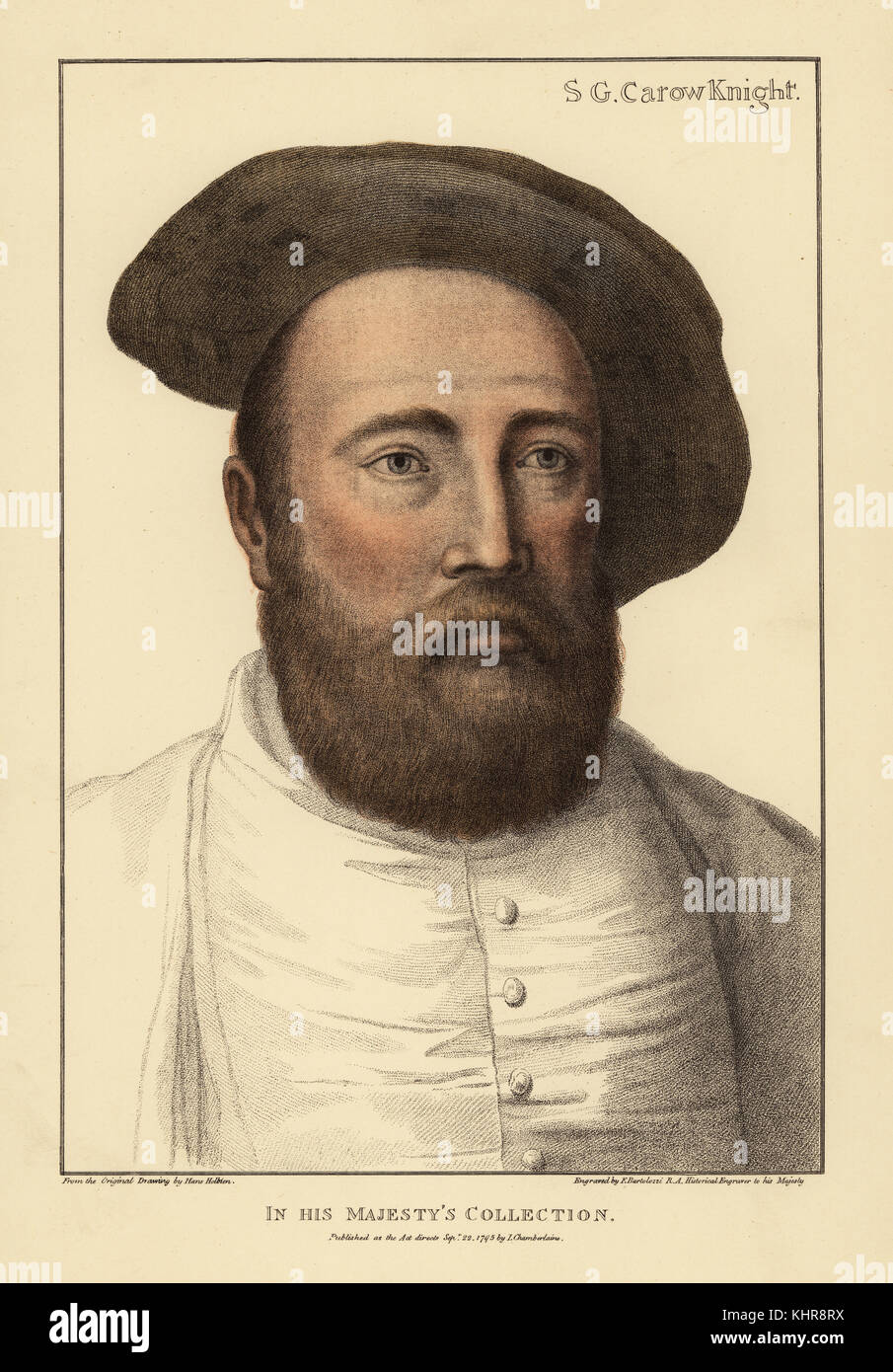 Sir George Carew, Admiral der Royal Navy unter König Heinrich VIII., gestorben in der Versenkung der Mary Rose in der Schlacht von den Solent, 1545. Papierkörbe Kupferstich von Francis Bartolozzi nach Hans Holbein aus Faksimiles von Originalzeichnungen von Hans Holbein, Hamilton, Adams, London, 1884. Stockfoto