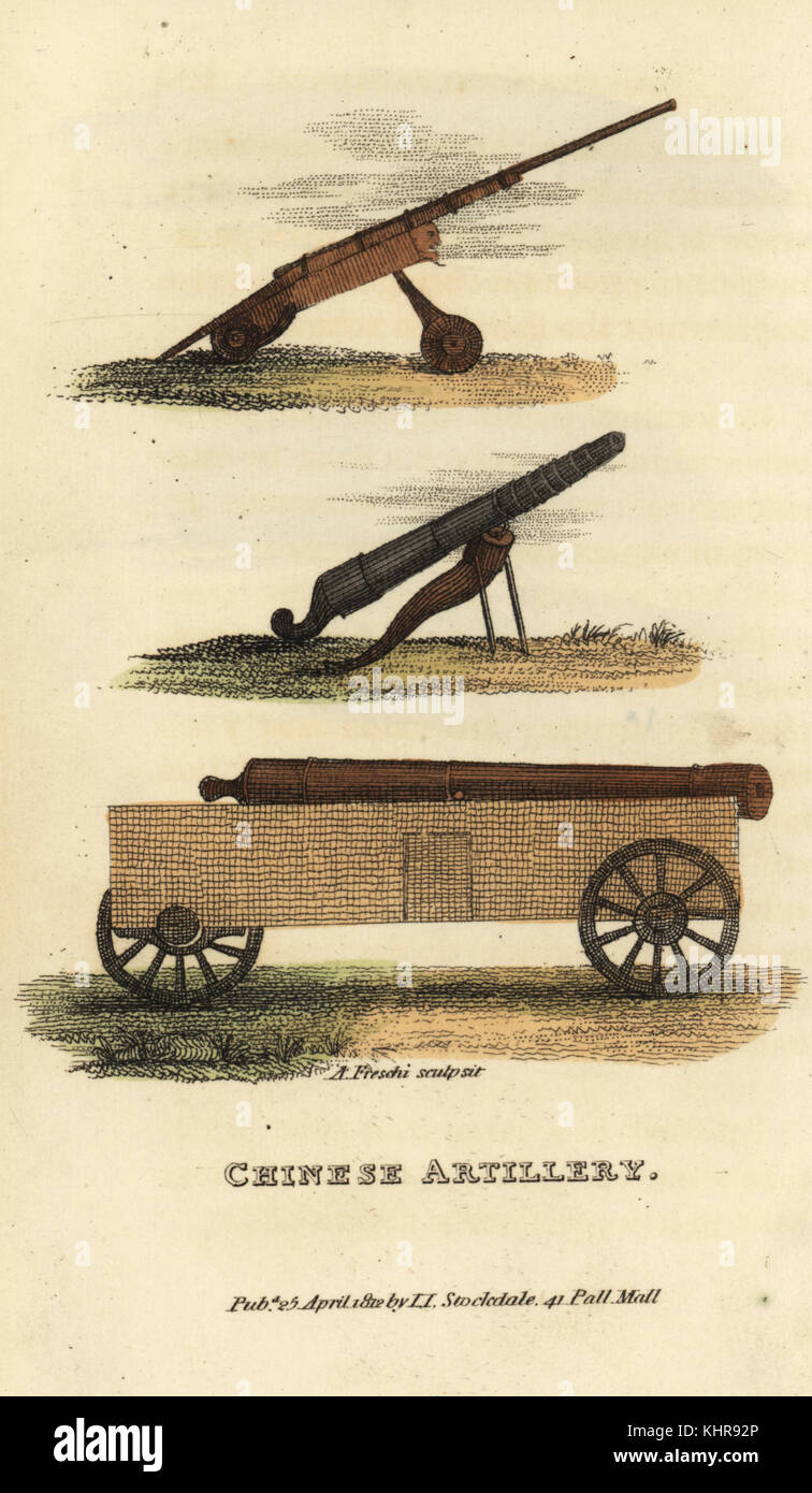 Chinesischen Artillerie: Kanone mit schmaler Fang wie eine Muskete, chinesischen Stil culverine und große Bohrung Kanone auf Rädern. Papierkörbe Kupferstich von Andrea Freschi nach Antoine Cardon von Henri-Leonard - Jean-Baptiste Bertin und Jean Baptiste Joseph Breton Chinas, seine Kostüme, Kunst, fertigt, etc., Howlett und Brimmer, London, 1824. Stockfoto