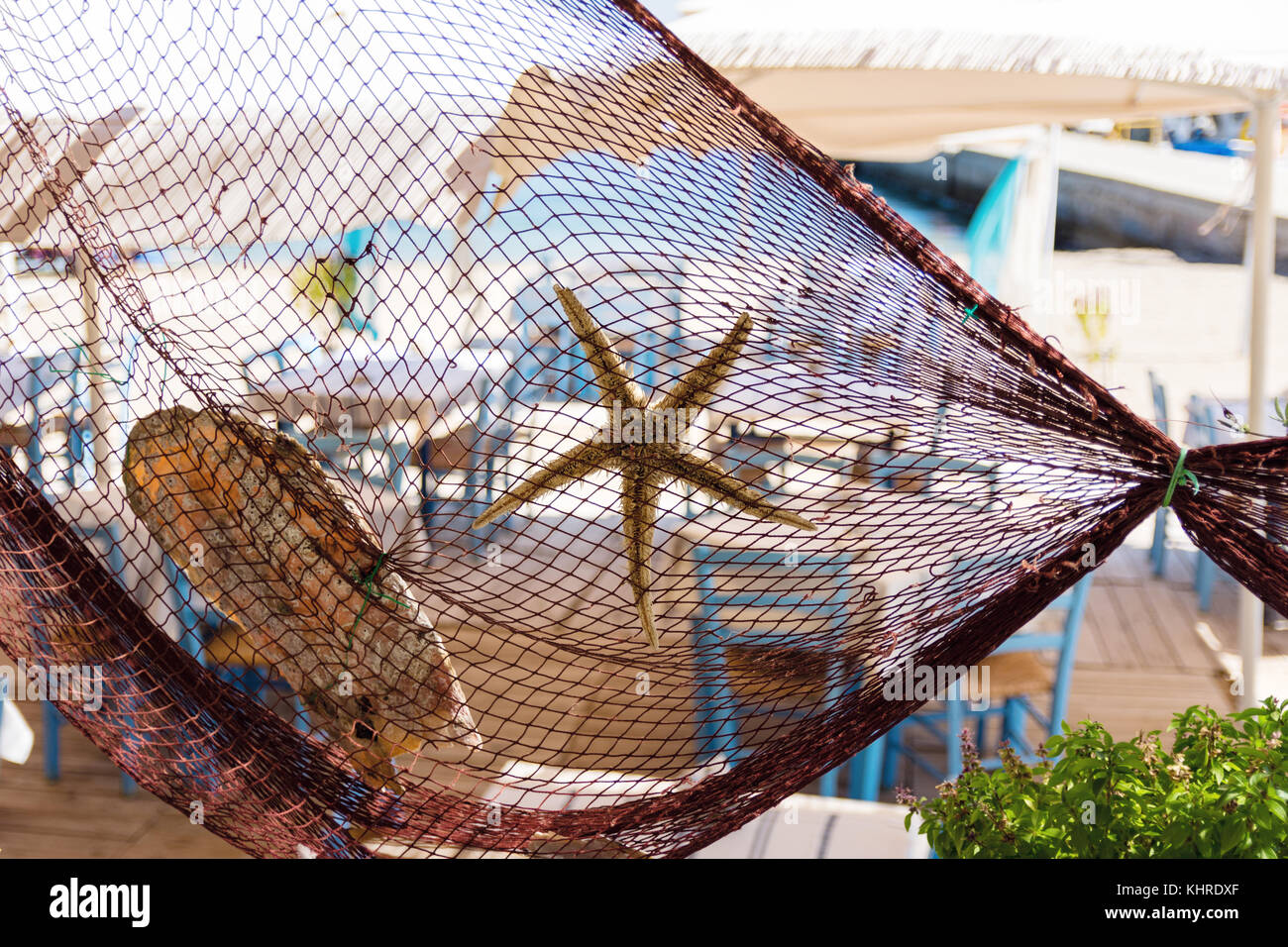 Fischernetz mit Seesternen und Seashell an traditionellen griechischen Restaurant am Strand und dem Fischerhafen eingerichtet Stockfoto