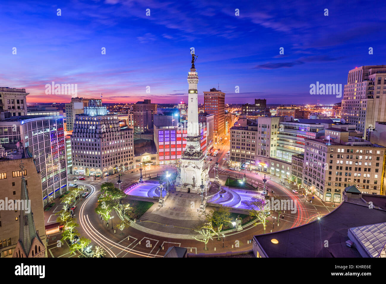Indianapolis, Indiana, USA Skyline über Monument Circle. Stockfoto