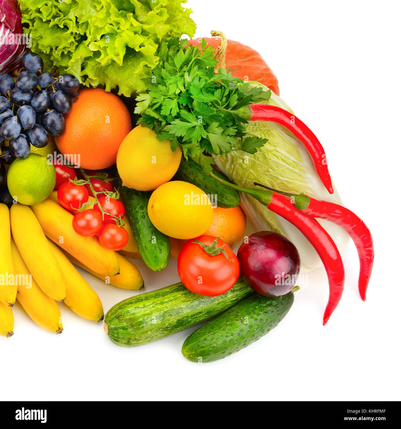 Große Sammlung von frischem Obst und Gemüse isoliert auf Weiss. Ansicht von oben. Stockfoto