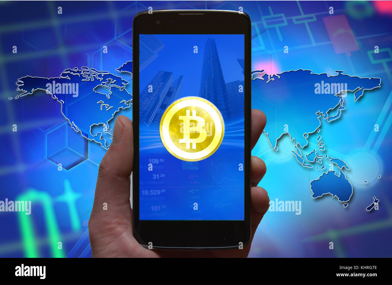 Bitcoin Konzept Tapete. bitcoin Symbol am Bildschirm des Smartphones. Mobile Brieftasche, bitcoin exchange Konzept. Stockfoto