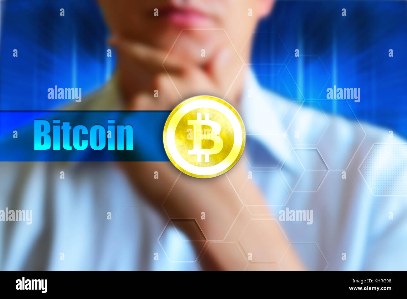 Bitcoin Konzept Tapete. bitcoin Zeichen und Text, Person im Hintergrund. Hintergrund für bitcoin News, Security Themen. Stockfoto