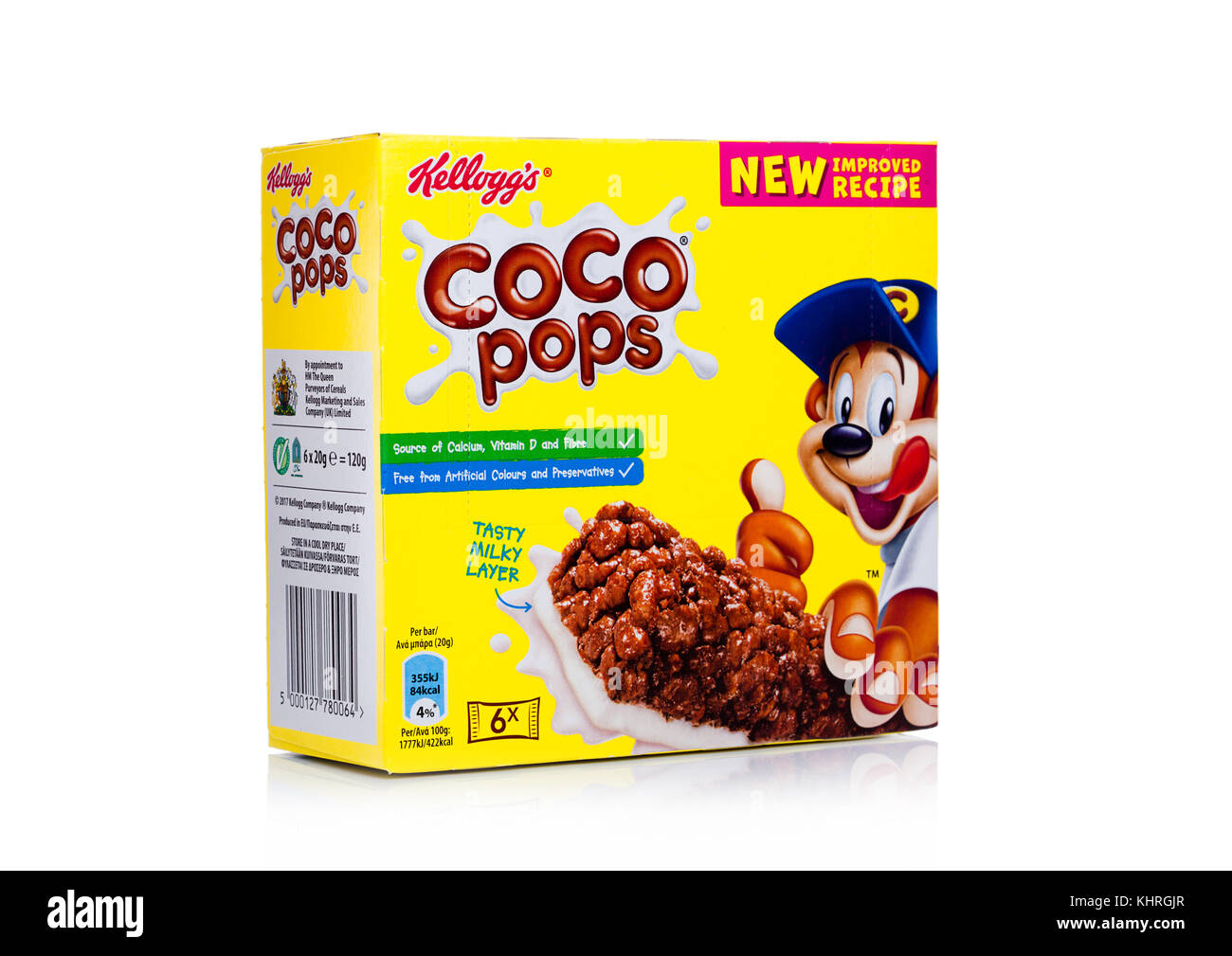 London, Großbritannien, 17. November 2017: "Der kellogg Coco Pops Frühstück Müsli Baron weißer Hintergrund, frosties sind ein beliebtes Frühstück Müsli aus Stockfoto