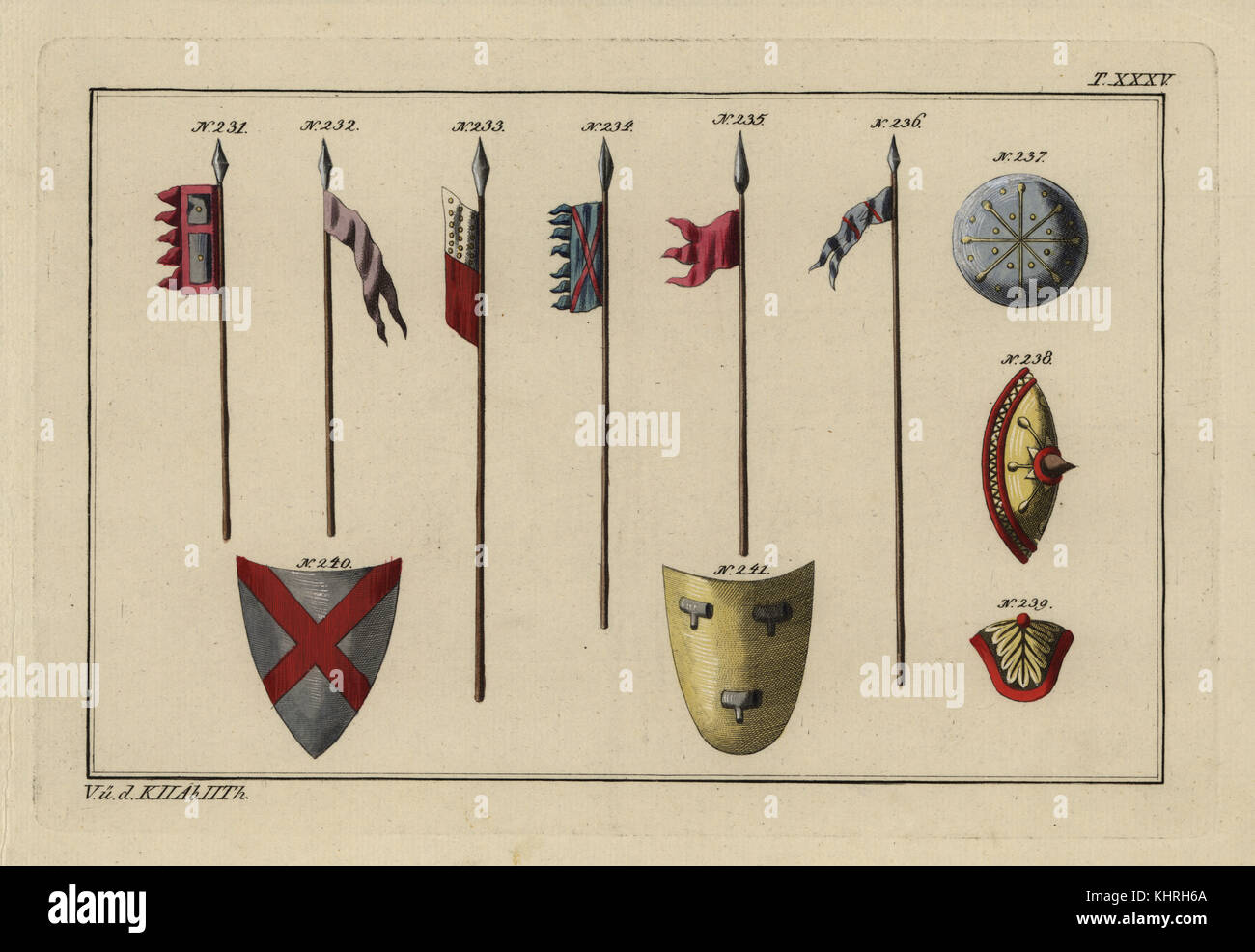 Norman Waffen: Banner auf Lance 231, Fahnen 232-235, Infanterie Lance 236, Abdeckungen oder targe Infanterie und Kavallerie Schilde 237-239 240-241. Papierkörbe Kupferstich von Robert von Spalart das historische Bild der Kostüme der wichtigsten Menschen der Antike und des Mittelalters, Chez Collignon, Metz, 1810. Stockfoto