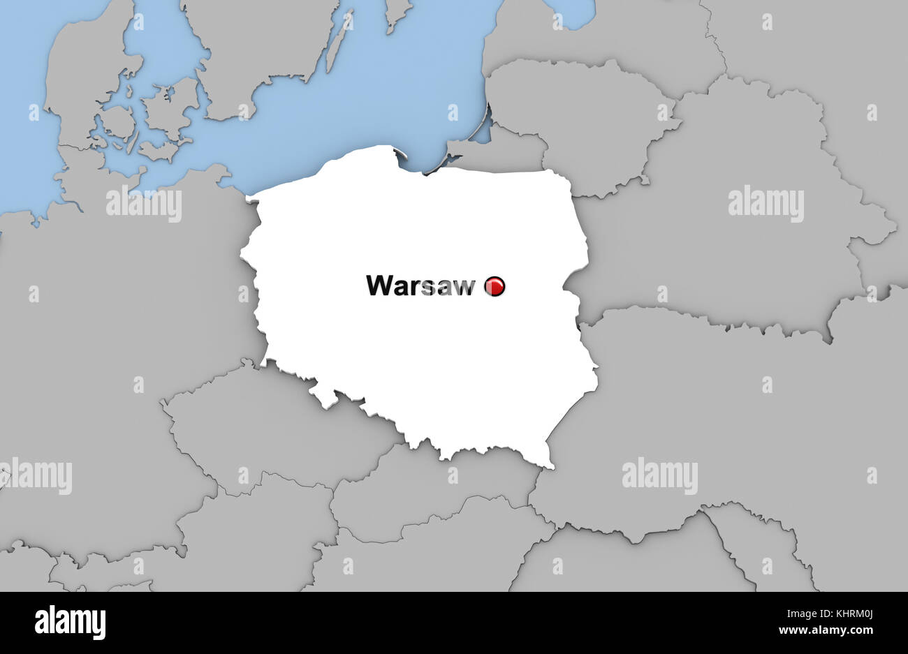 Abstrakte 3D-Render von Karte von Polen in der Farbe weiß und die Lage der Hauptstadt Warschau mit rotem Stift markiert Stockfoto Abstrakte 3D-Render von Karte von Polen in der Farbe weiß und die Lage der Hauptstadt Warschau mit rotem Stift markiert Stockfoto
