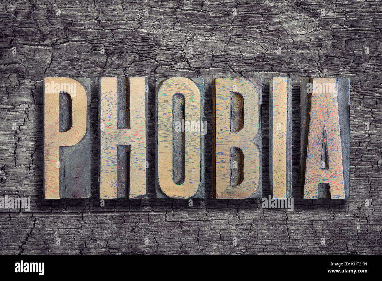 Phobie Wort von Vintage buchdruck Typ auf verbranntem Holz Hintergrund Stockfoto