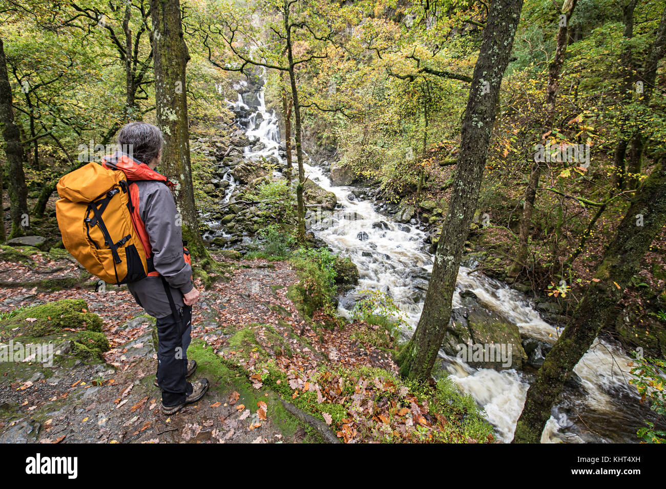 Person an Lodore Falls, Lake District, Cumbria, England, Großbritannien Stockfoto