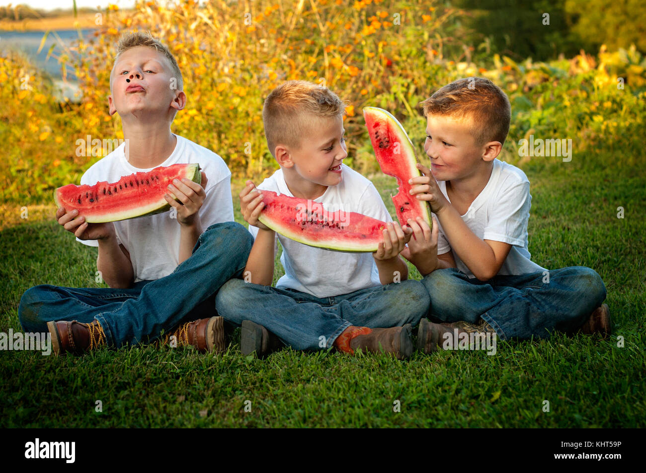 Drei Brüder essen große Scheiben Wassermelone auf dem Bauernhof Stockfoto