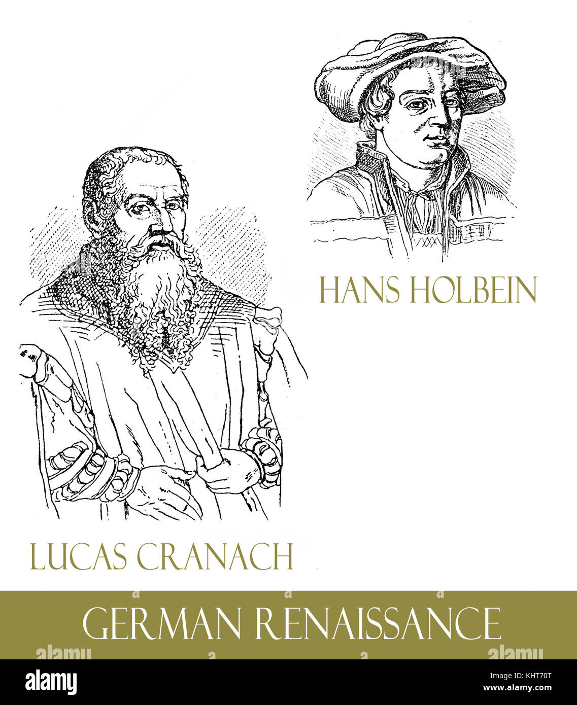 Berühmte Künstler der deutschen Renaissance, Lucas Cranach und Hans Holbein, gravieren Porträts Stockfoto