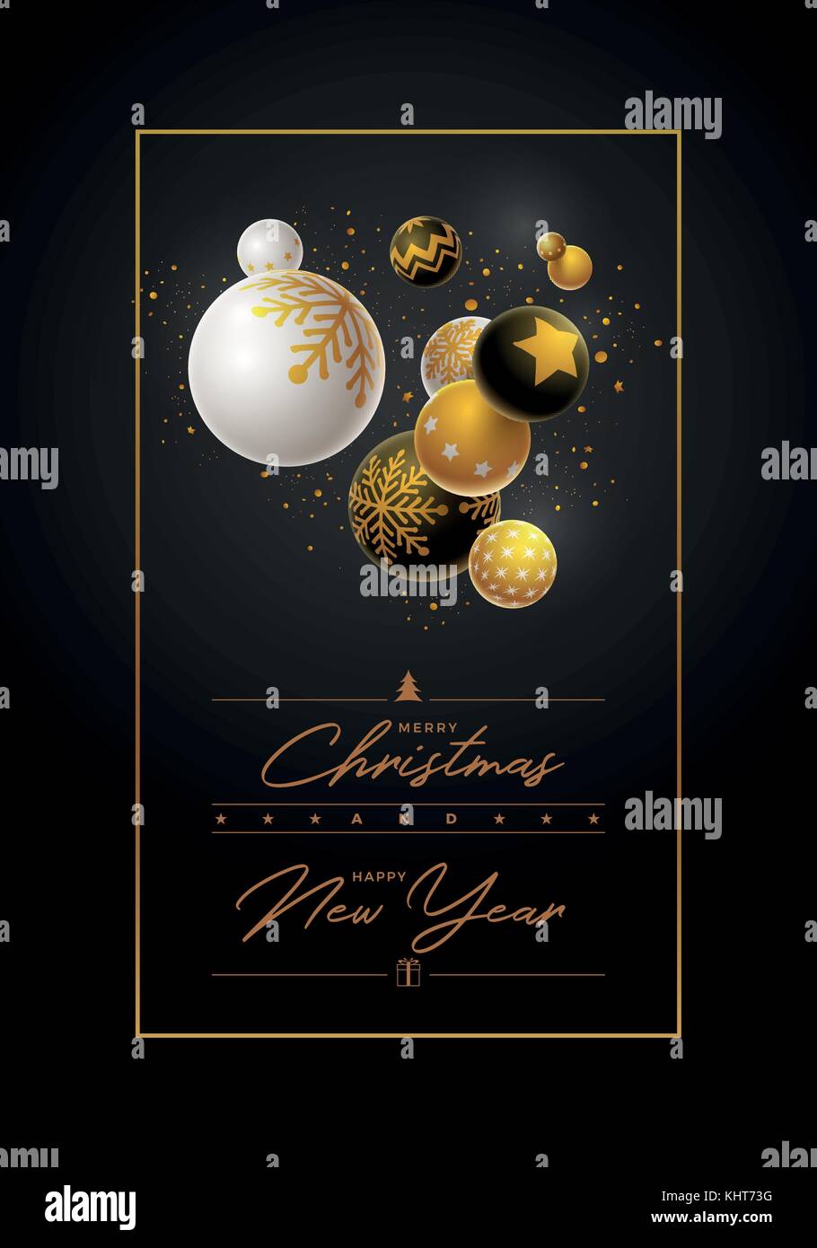 Abstrakte Weihnachten und Neujahr Grußkarte Design mit 3d-weiß, schwarz und gold Weihnachtskugeln. Elemente separat in Vektordatei übereinandergelegt werden. Stock Vektor