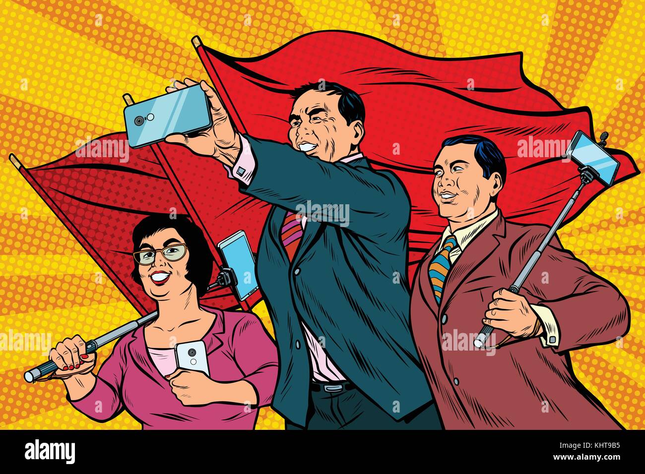Chinesische Geschäftsleute mit Smartphones und Fahnen, Poster sozialistischen Realismus. pop art retro Vektor illustration Stock Vektor