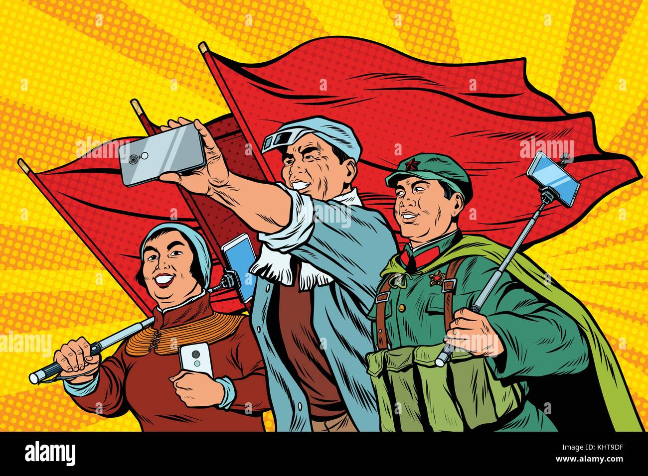Chinesische Arbeiter mit Smartphones selfie, Poster sozialistischen Realismus. pop art retro Vektor illustration Stock Vektor