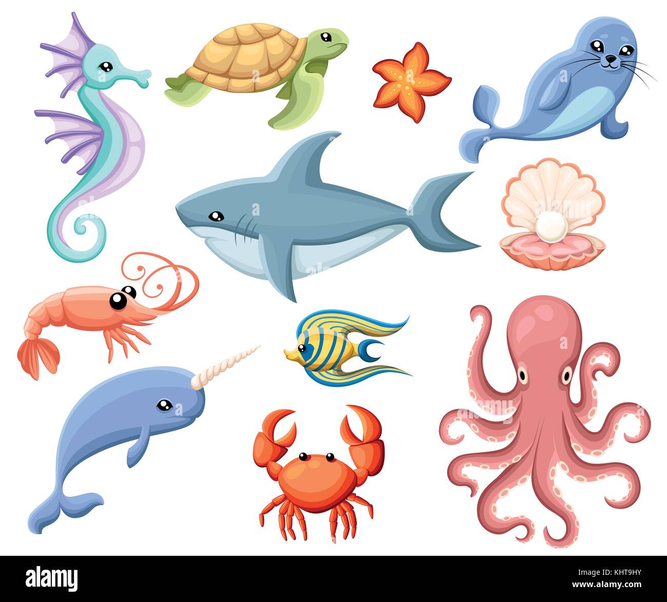 Cute Vector Meeresbewohner. cartoon lächelnd Meer Tiere. co verodert Meer Fische und Seepferdchen, Wal und Octopus illustration Dichtung crab Shell shark Oktopus sh Stock Vektor