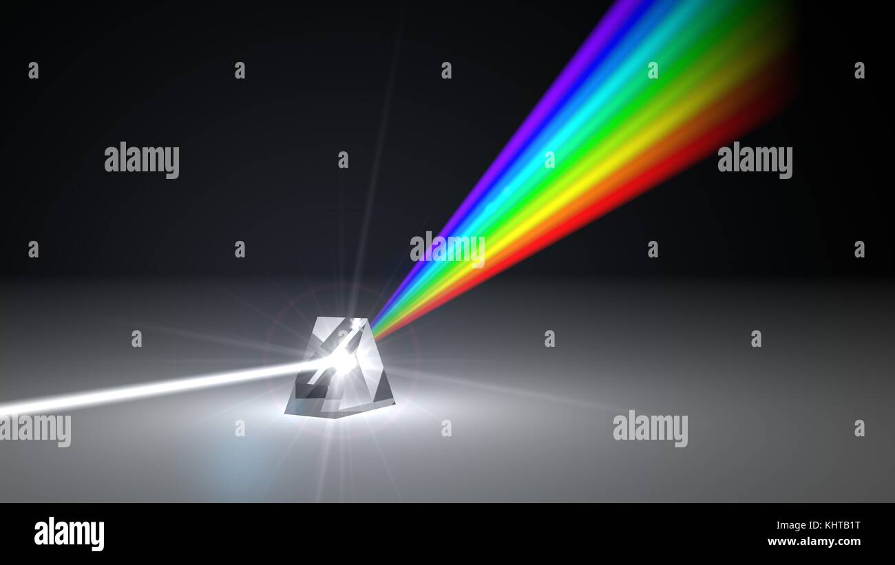 Weißes Licht ray Dispergieren auf andere Farbe Licht strahlen über Prism. Mit Lichtstrahl auf ray Break Point. 3D-Darstellung Stockfoto