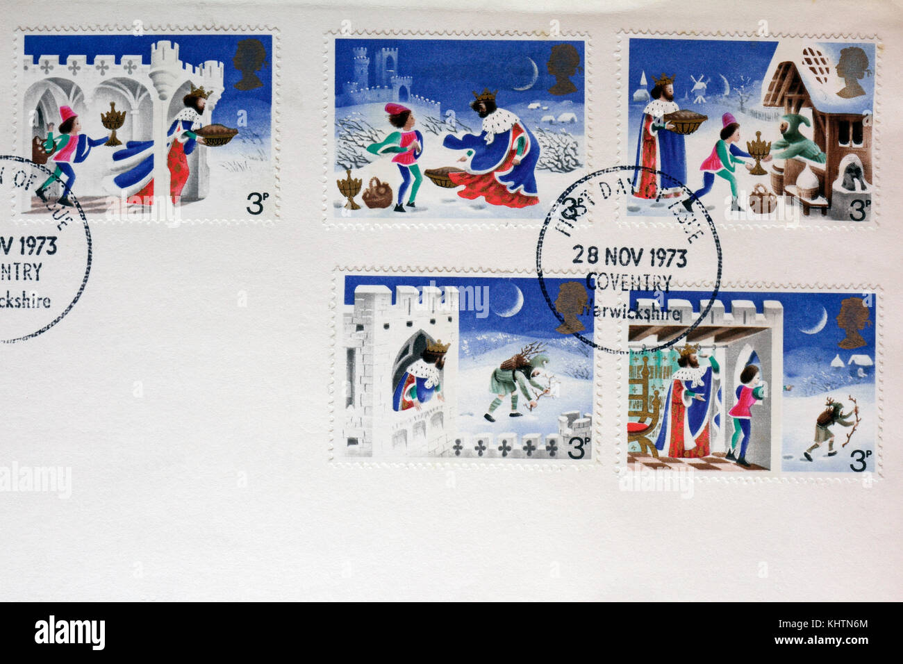 Queen Elizabeth II. 1973 britische Weihnachtsmarkenausgabe, Briefmarkensammlung Ersttagsbrief Stockfoto