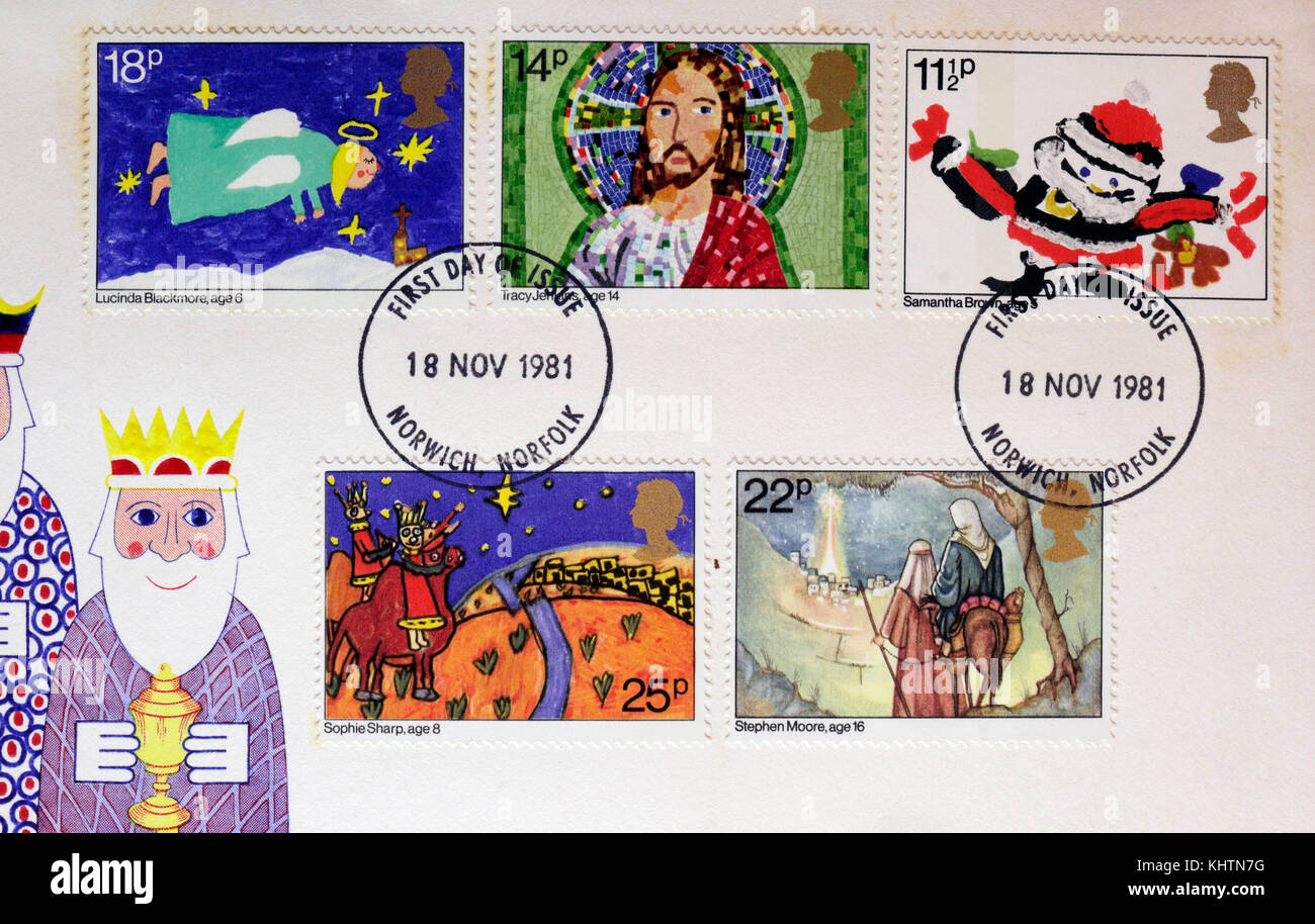 Briefmarken 1981 britische Weihnachtsmarkenausgabe Queen Elizabeth II, Briefmarkensammlung Ersttagsbrief Stockfoto