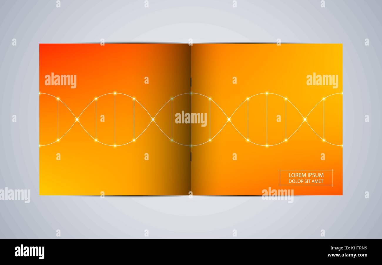 Bi-fold square Broschüre Vorlage mit DNA-Molekül Hintergrund. Stock Vektor