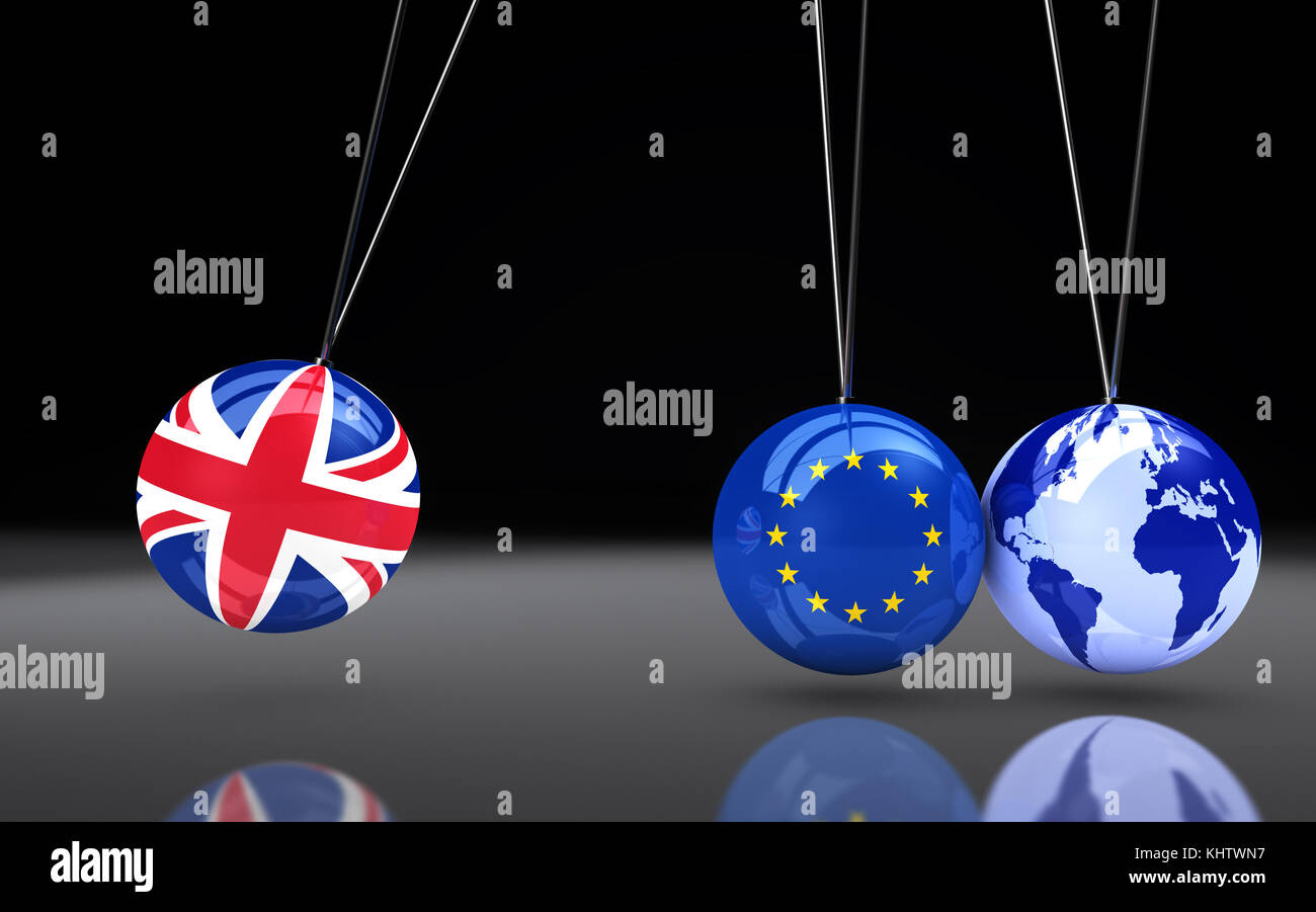 Brexit-Effekt und globale folgen Geschäftskonzept mit Union Jack, EU-Flagge auf Kugeln und Welt Karte Globus 3D Illustration. Stockfoto