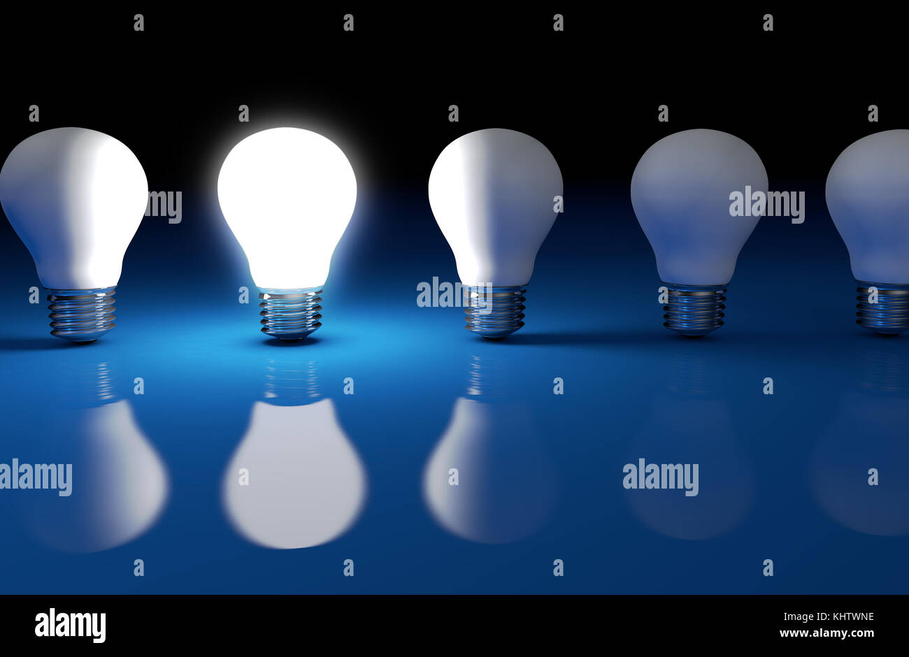 Kreative Idee und Business Solution Concept mit einer hellen Lampe in einer Reihe 3d-Abbildung. Stockfoto
