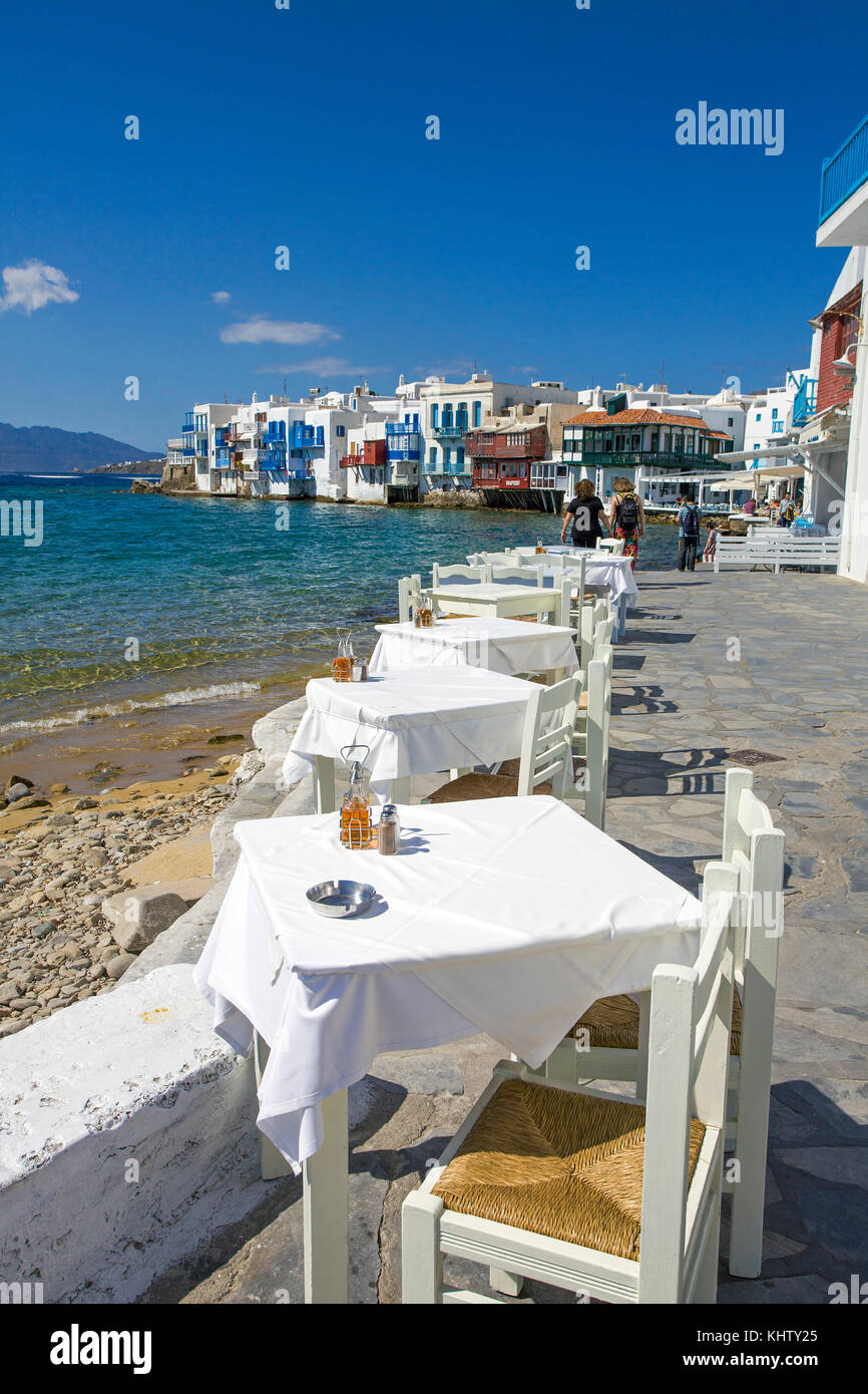 Restaurant an der Waterfront, Little Venice, Mykonos Stadt, Mykonos, Kykladen, Ägäis, Griechenland Stockfoto