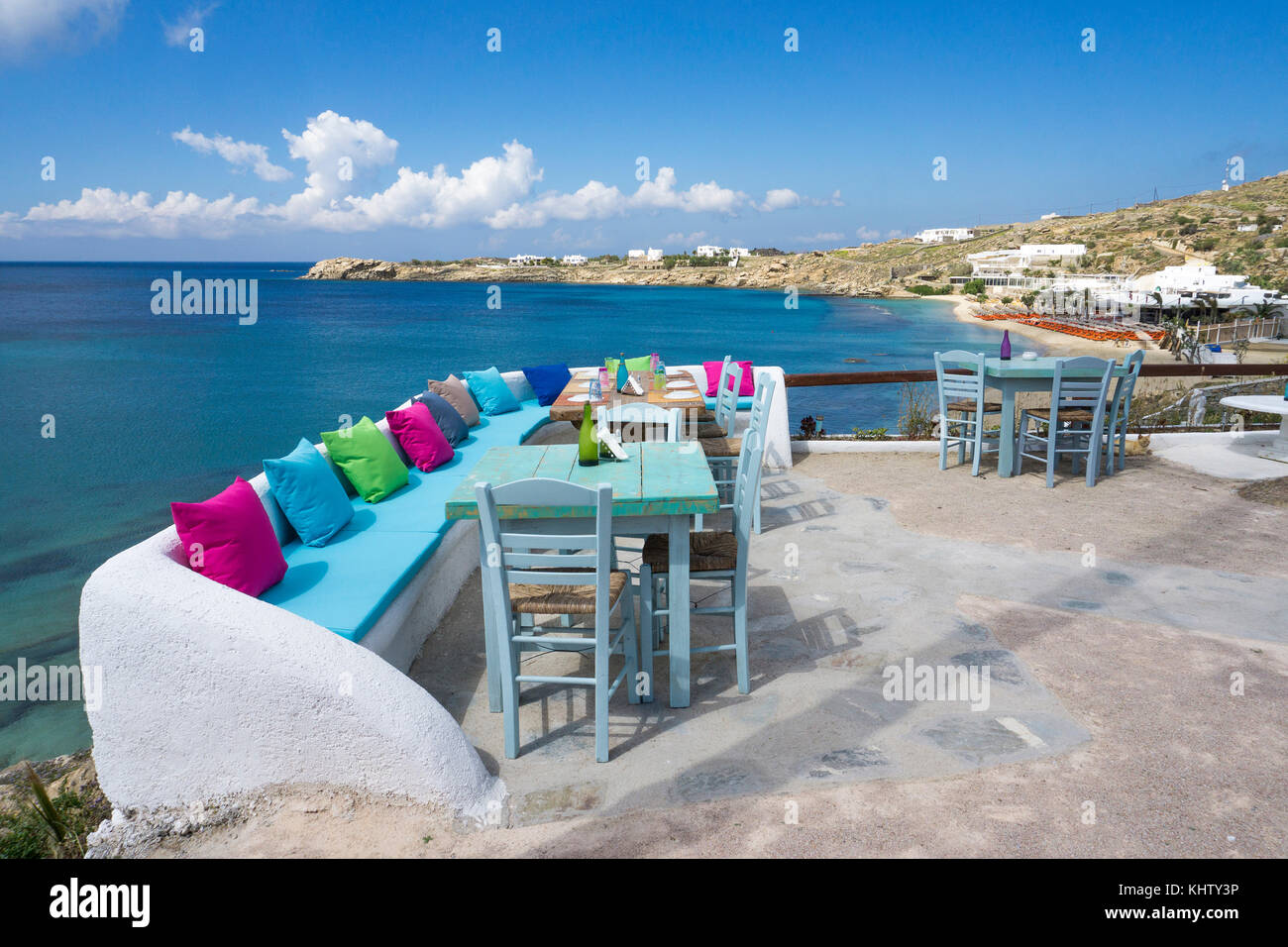 Von Anna, Annas, idyllischen stilvolle Bar und Restaurant im Paradise Strand, Mykonos, Kykladen, Ägäis, Griechenland Stockfoto