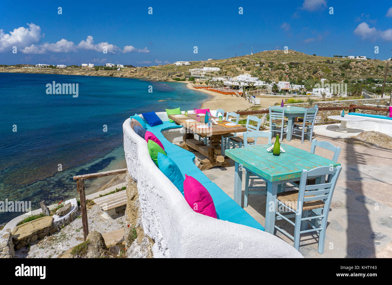 Von Anna, Annas, idyllischen stilvolle Bar und Restaurant im Paradise Strand, Mykonos, Kykladen, Ägäis, Griechenland Stockfoto