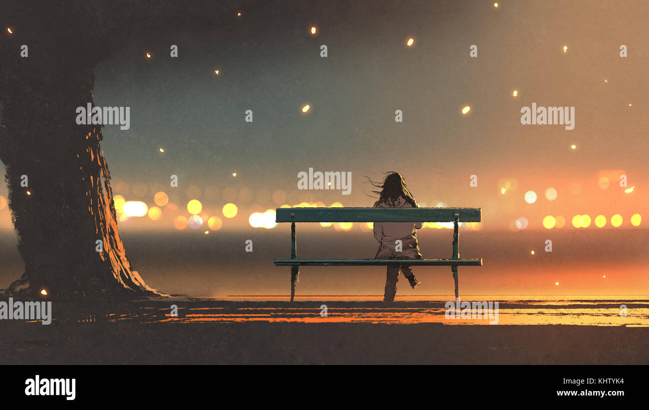 Zurück Blick auf die junge Frau auf einer Bank sitzen mit bokeh Licht, digital art Stil, Illustration Malerei Stockfoto