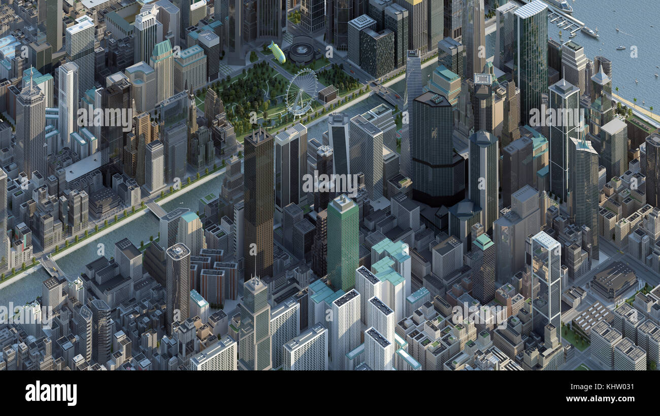 Downtown Stadtbild der großen Stadt. hohen Wolkenkratzern, Luftaufnahme über zentrale städtische Umgebung, mit Wasser Kanal. 3d modelliert und gerendert Abbildung. Stockfoto