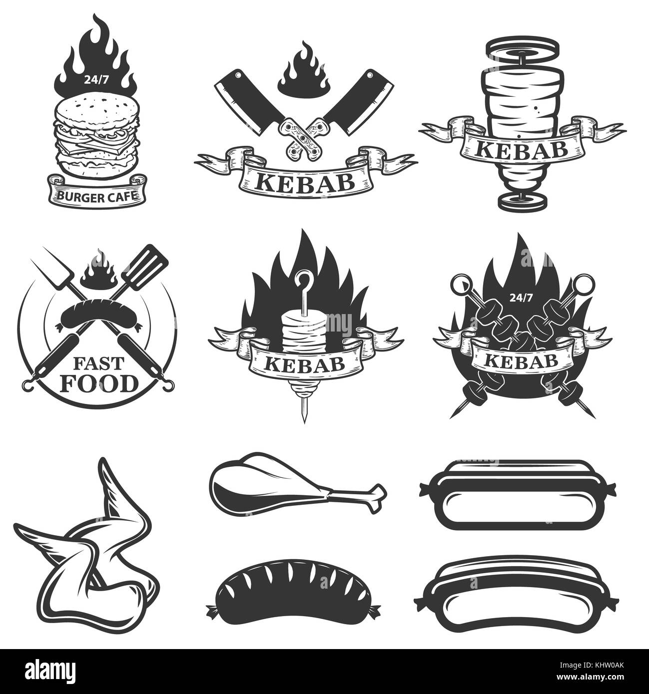 Satz von Fast food Embleme und Designelementen. Döner Kebab. design elemente für Logo, Label, Emblem, sign. Vector Illustration Stockfoto